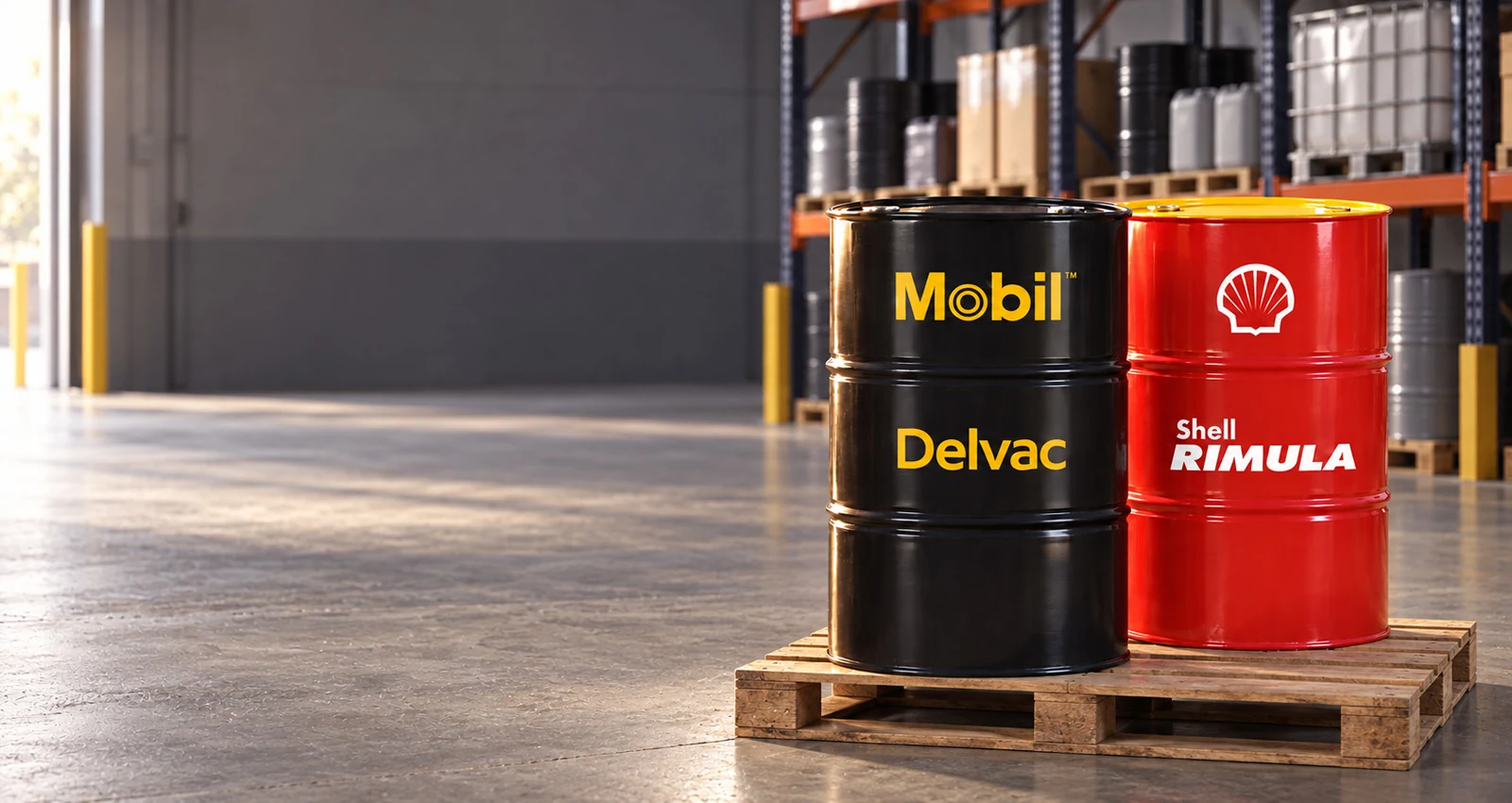 Envases de lubricantes Mobil y Shell en una zona de almacenamiento